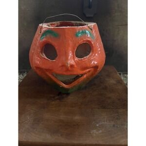 VTG 40s Halloween Paper Mache Pumpkin Candy Bucket Jack O Lantern Trick Or Treat